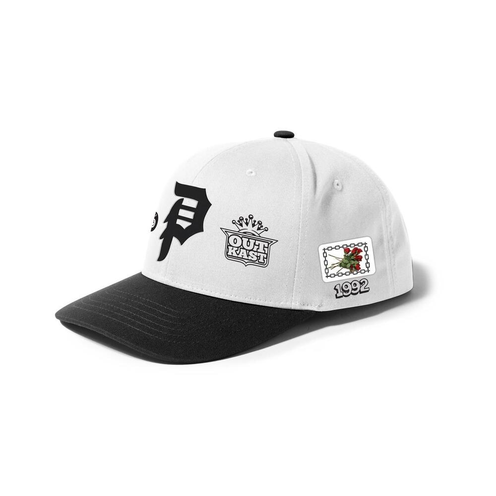 NEW PRIMITIVE men's outkast snapback cap in white/black